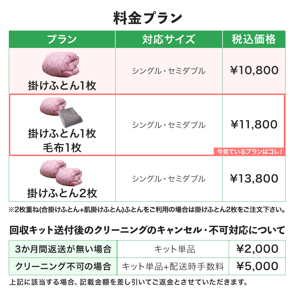 【布団クリーニング】掛け布団１枚+毛布１枚プラン（対応サイズ：シングル・セミダブル）