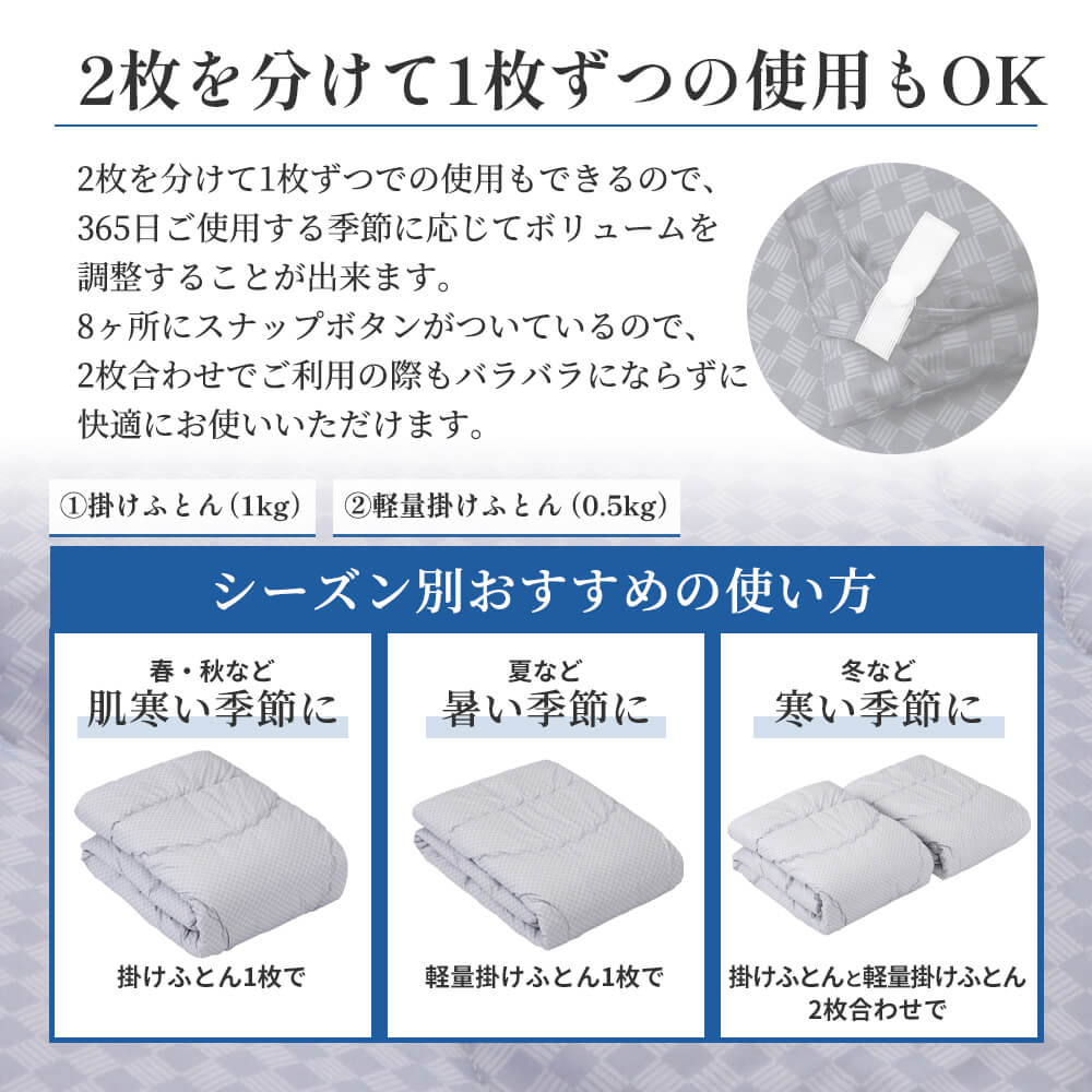 365日使える4点布団セット（軽量敷きふとん・掛けふとん2枚・まくら