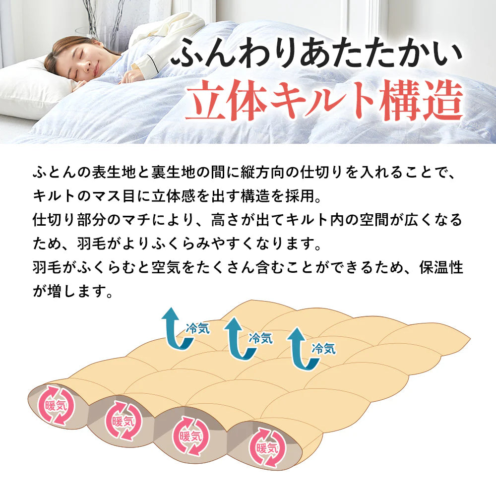 羽毛布団シングル掛けふとん　立体キルト　羽毛専用ケース付き