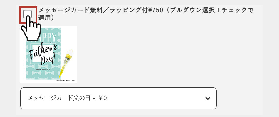 「メッセージカード無料／ラッピング付¥750（プルダウン選択＋チェックで適用）」のチェックボックスにチェックを入れる